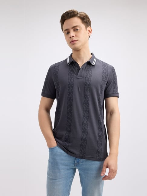 Pepe Jeans Grey Regular Fit Printed Polo T-Shirt