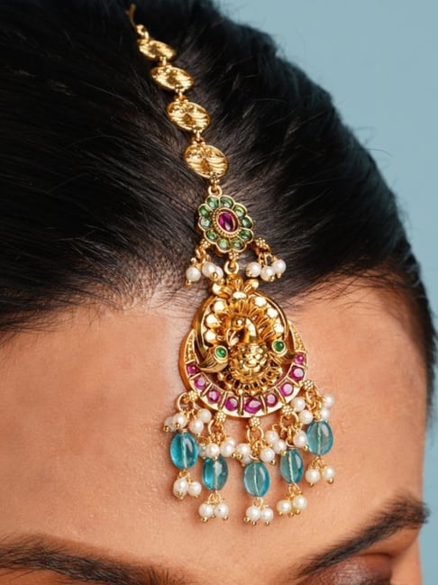 Abdesigns Gold-Tone Plated Ellite Kempstone Studded Maang Tikka Headpiece-picture-34