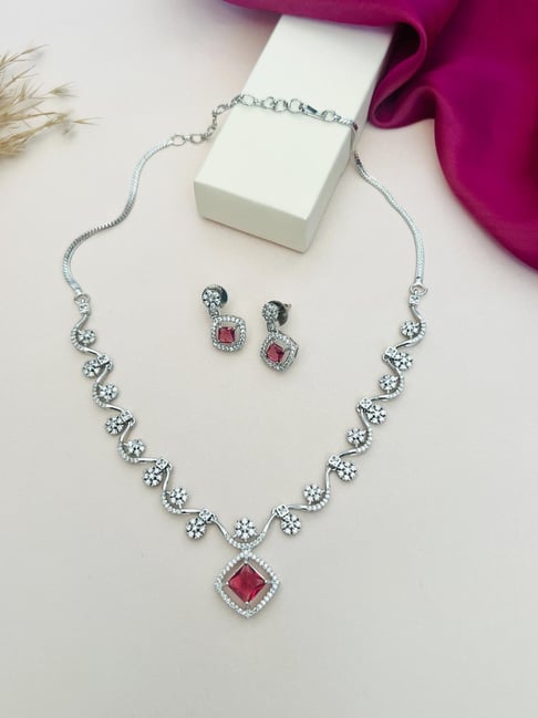 Abdesigns Silver Cubic Zirconia American Diamond Necklace & Earring Set-picture-18