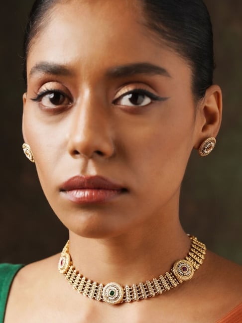 Abdesigns Gold-Tone Plated Kundan Statement Necklace & Earring Set