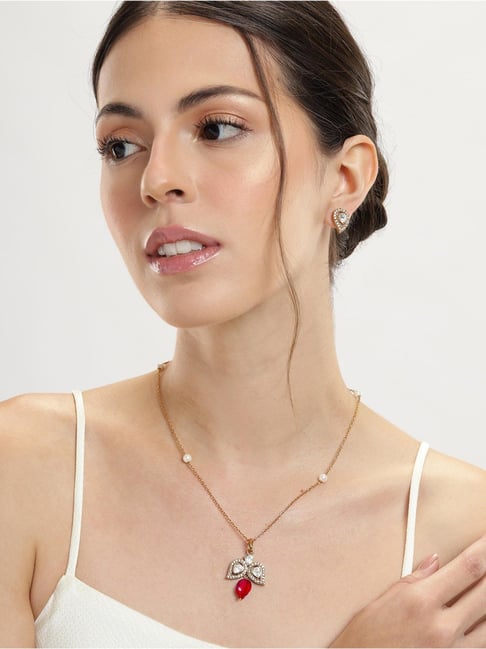 Abdesigns Gold-Tone Plated American Diamond Minimal Pendant & Earring Set-picture-18