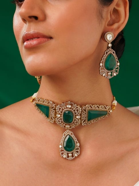 Abdesigns Gold-Tone Plated Polki Necklace & Earring Set-picture-45