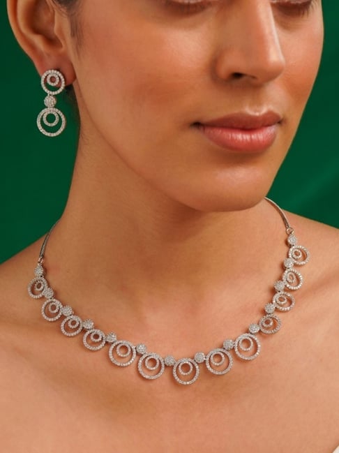 Abdesigns Silver American Diamond Cubic Zirconia Necklace & Earring Set-picture-46