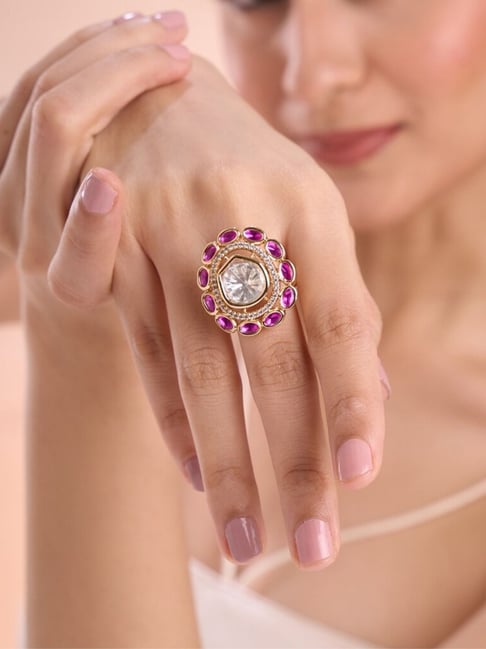 Abdesigns Gold-Tone Plated Ellite Polki Studded Statement Rings