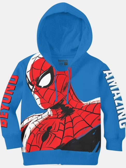 Bonkids Boys Blue & Red Spider Man Printed Hooded Sweatshirt-picture-28