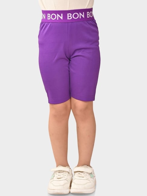 Bonkids Girls Purple Skinny Fit High-Rise Sports Shorts