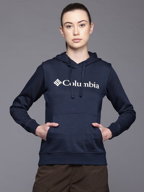 Columbia Blue Cotton Regular Fit Logo Printed Sports Hoodie
