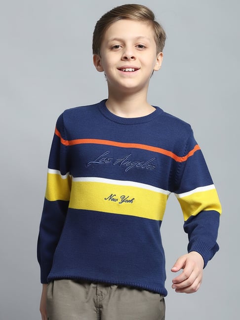 Monte Carlo Boys Printed Navy Blue Round Neck Full Sleeve Pullover