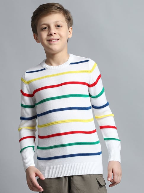 Buy Monte Carlo Boys Striped White Round Neck Full Sleeve Pullover