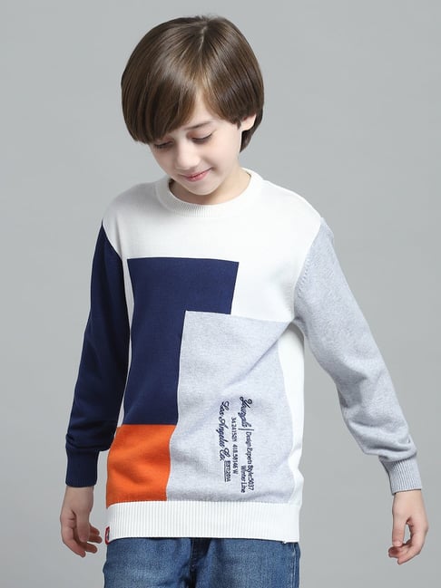 Buy Monte Carlo Boys Self Design Off White Round Neck Full Sleeve