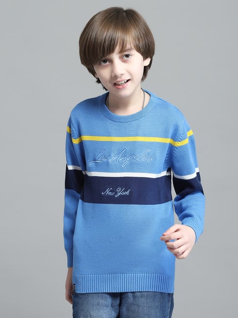 Buy Monte Carlo Boys Striped Blue Round Neck Full Sleeve Pullover