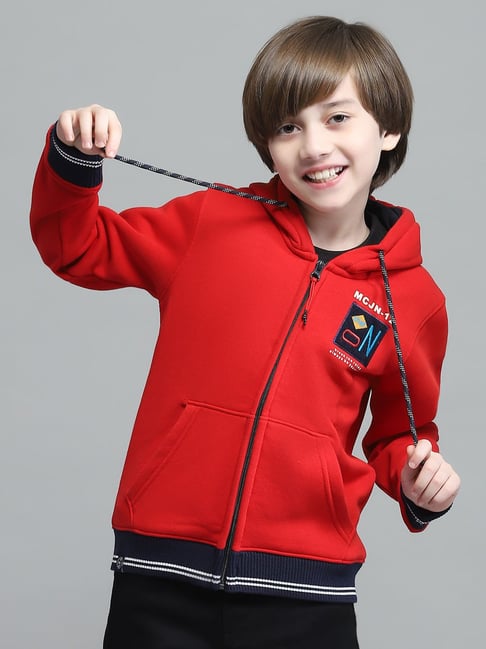 Monte Carlo Boys Printed Red Hooded Neck Full Sleeve Hoodie