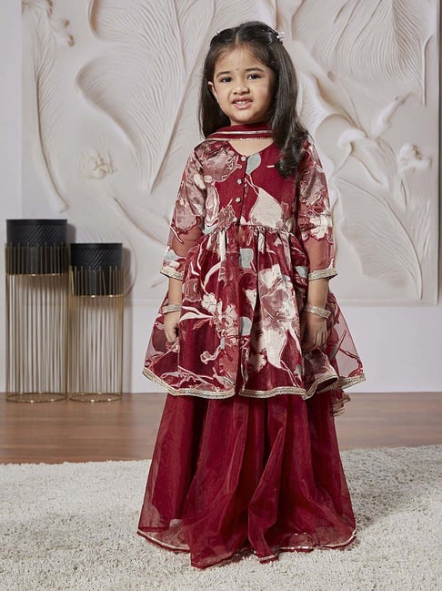 VASTRAMAY Girls Maroon Girls Lehenga with Choli and Dupatta Set