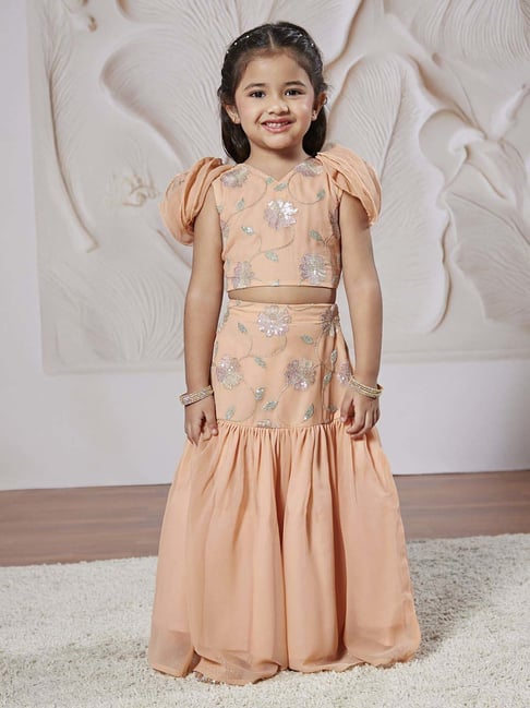 VASTRAMAY Girls Peach Lehenga Choli Set-picture-23