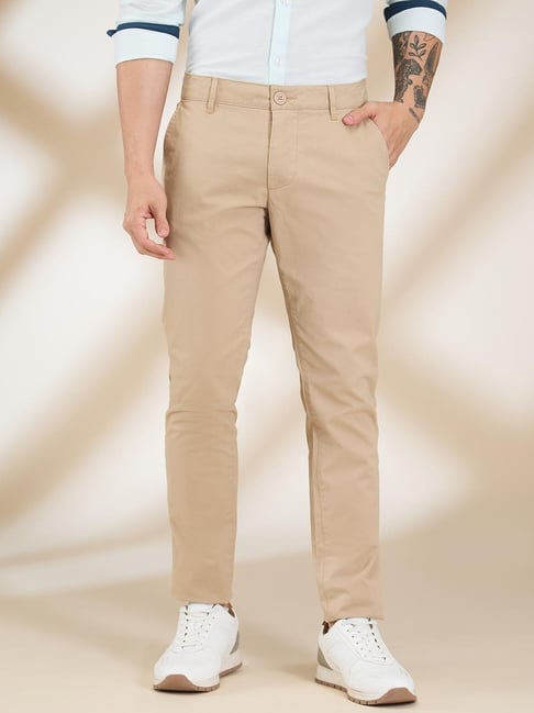 Being Human Khaki Cotton Slim Fit Solid Trousers