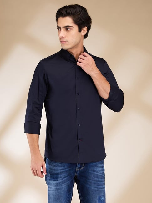Being Human Navy Blue Cotton Regular Fit Solid Shirt-picture-22