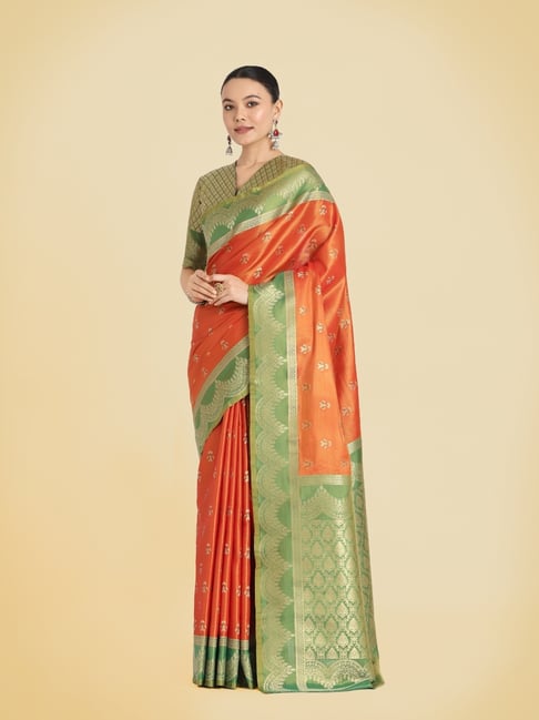Monjolika Orange Banarasi Tissue Silk Zari Classic Saree with Blouse-picture-25