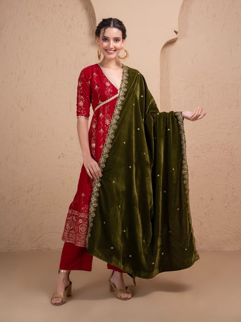 Sew & You Women Dark Olive Embroidered Dupatta-picture-39