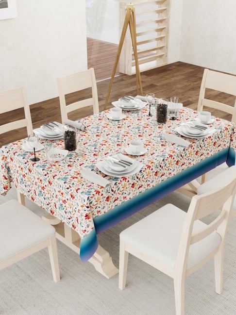 Urban Space Skybloom Blue Polyester Floral Anti-Skid - 4 Seater Table Cover