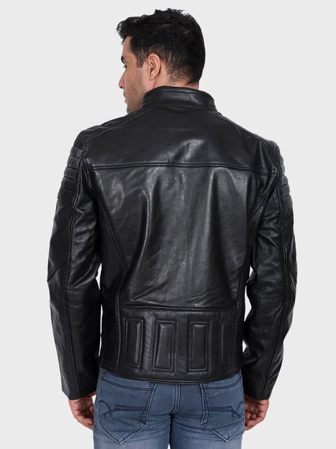 Justanned Black Leather Solid Long Sleeves Jacket