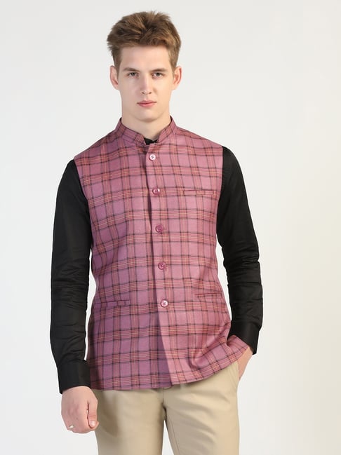 Tahvo Purple Wool Regular Checks Mens Waistcoats