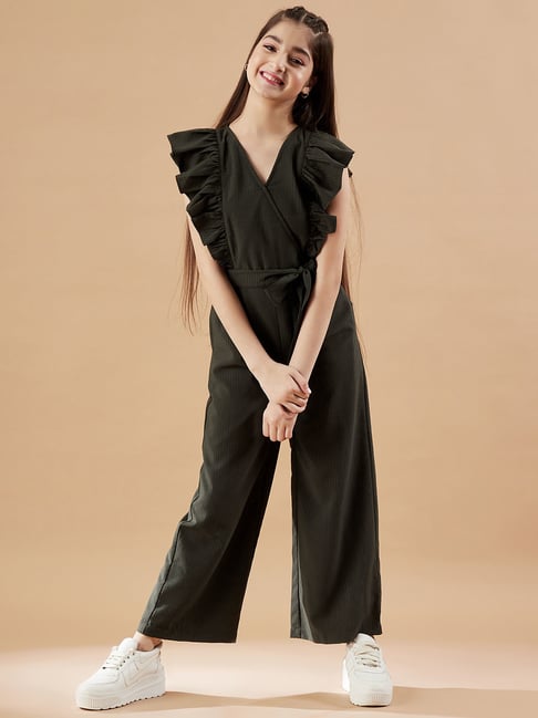 Cherry & Jerry Girls Olive V-Neck Seersucker Full Length Jumpsuit
