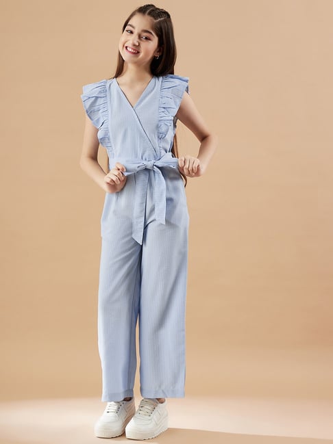 Cherry & Jerry Girls Blue V-Neck Seersucker Full Length Jumpsuit