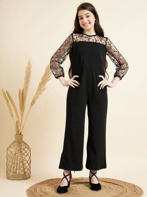 Cherry Jerry Girls Black Round Neck Lace Frills Bows and Ruffles Full  Length Jumpsuit