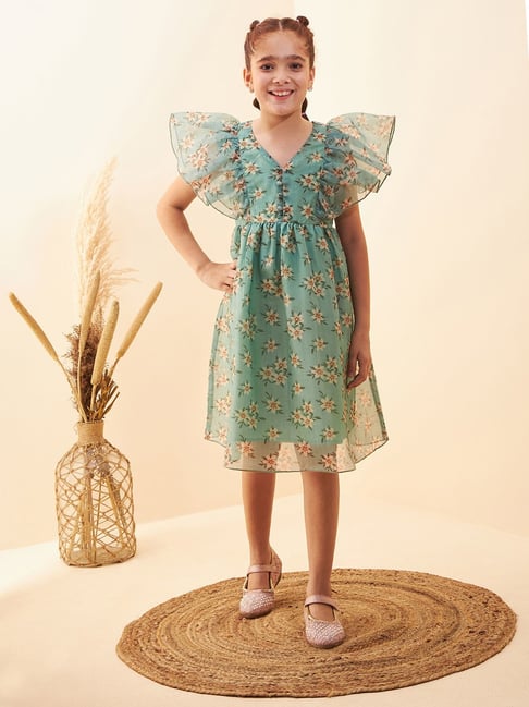 Cherry Jerry Girls Green Floral A-Line Knee Length Dress