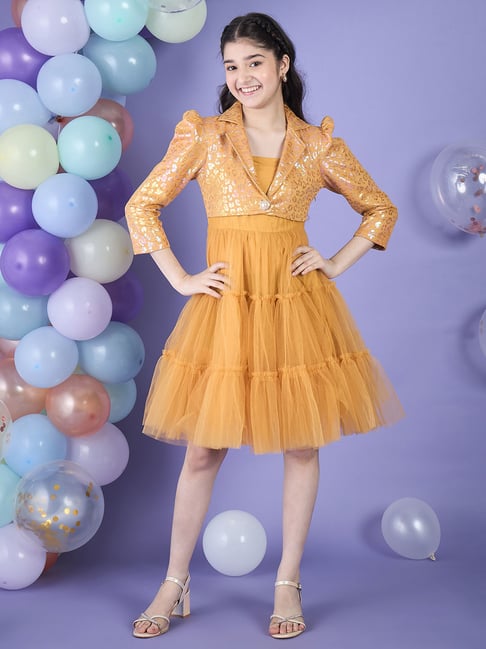 Cherry & Jerry Girls Yellow Abstract Fit and Flare Knee Length Dress-picture-28