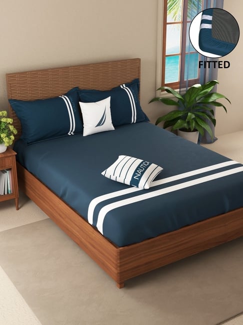 Nautica Coastal Stripe Medblue Cotton 500 TC California King Fitted Bedsheet with 2 Pillow Covers-picture-46