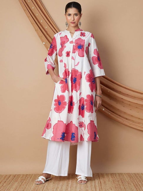 Melange By Lifestyle Off White Cotton Regular Fit Floral Print Kurtas-picture-34