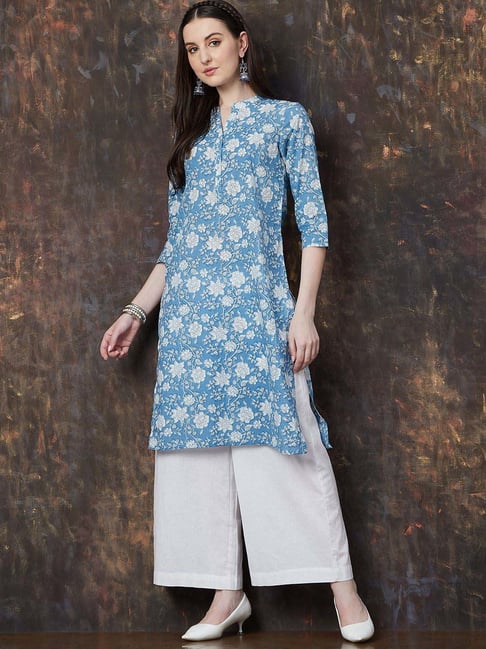 Melange By Lifestyle Blue Cotton Regular Fit Printed Kurtas-picture-37