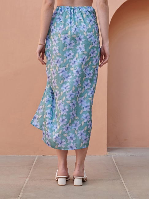Pasha India Green Adjustable Floral Asymmetrical Midi Skirt-image-40