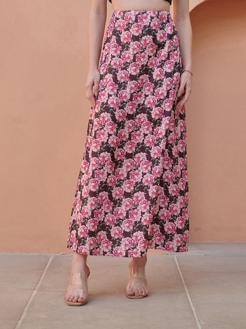 Pasha India Raisin Straight Floral Flared Satin Midi Skirt