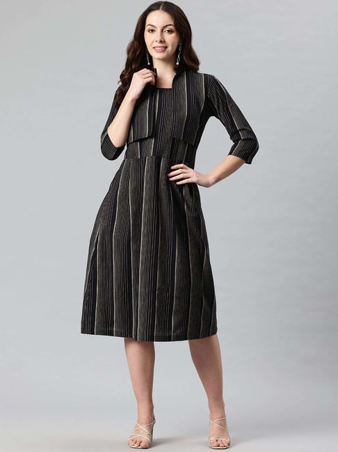Cottinfab Black Cotton Regular Fit Striped Dress-picture-39