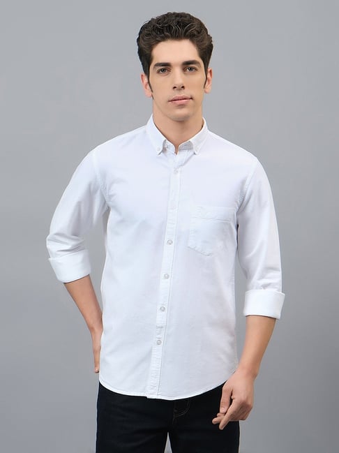 Cantabil White Cotton Regular Fit Solid Casual Shirt