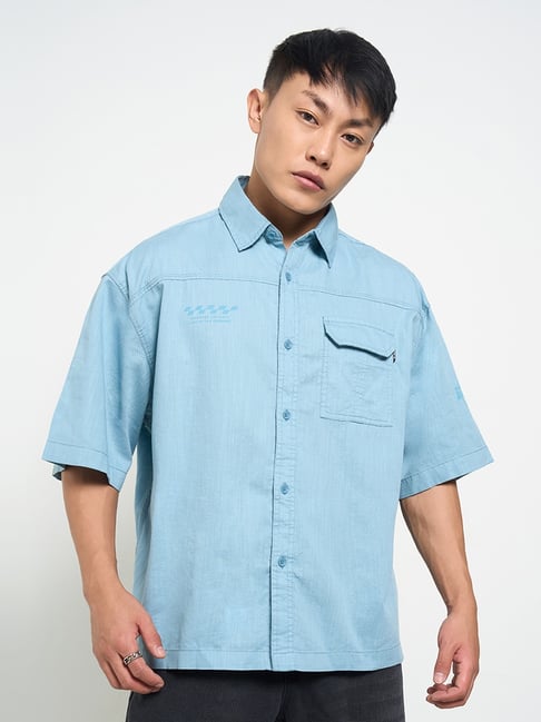 Sf Jeans By Pantaloons Stone Blue Cotton Boxy Fit Shirt-picture-22