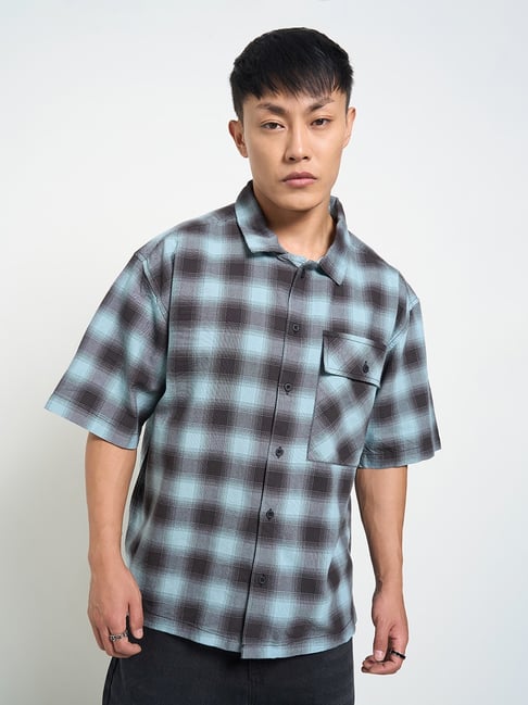 Sf Jeans By Pantaloons Stone Blue Cotton Boxy Fit Checks Shirt-picture-26