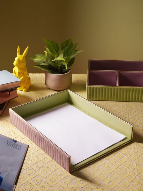 Pure Home and Living Purple & Green Stitched Faux Leather Paper Tray-picture-42