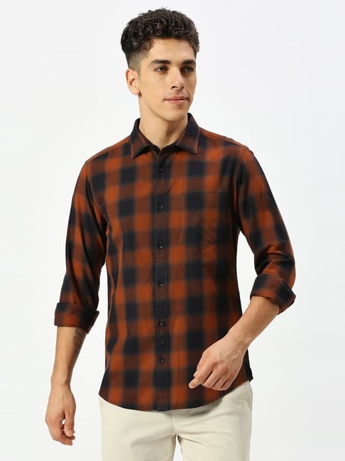 Basics Brown Cotton Slim Fit Checks Shirt-picture-38