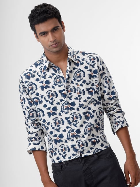 Basics Beige Slim Fit Floral Print Shirt-picture-29