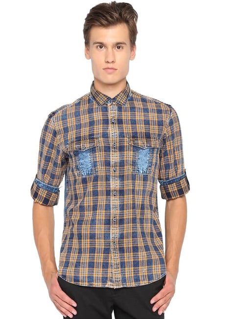 Basics Khaki & Blue Cotton Slim Fit Checks Shirt-picture-24