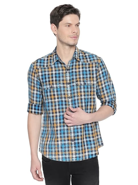 Basics Yellow & Blue Cotton Slim Fit Checks Shirt-picture-22