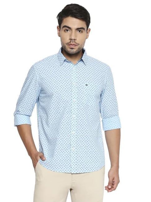 Basics Blue Cotton Slim Fit Printed Shirt-picture-34
