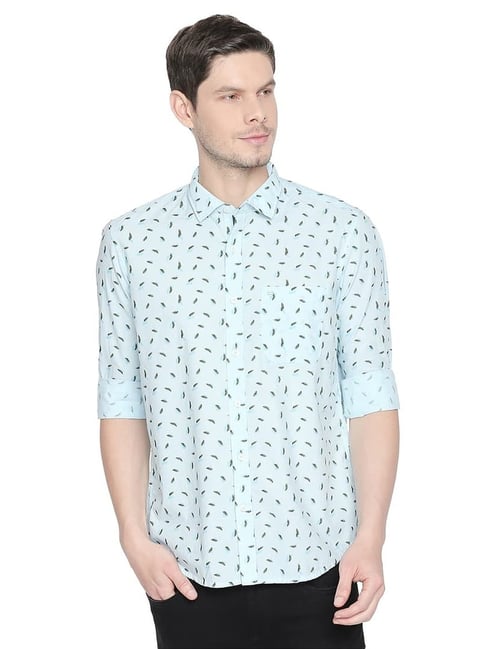 Basics Blue Cotton Slim Fit Printed Shirt-picture-36