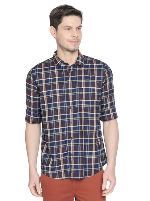 Basics Navy Cotton Slim Fit Checks Shirt-picture-45