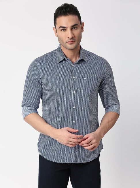 Basics Blue Cotton Slim Fit Printed Shirt-picture-35