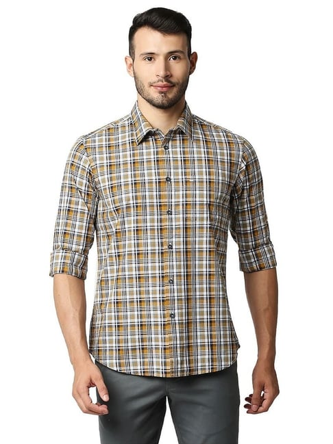 Basics Yellow & Blue Cotton Slim Fit Checks Shirt-picture-23
