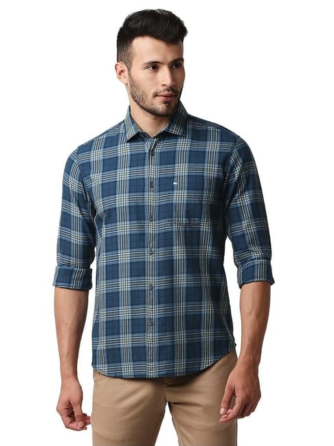 Basics Blue Cotton Slim Fit Checks Shirt-picture-20